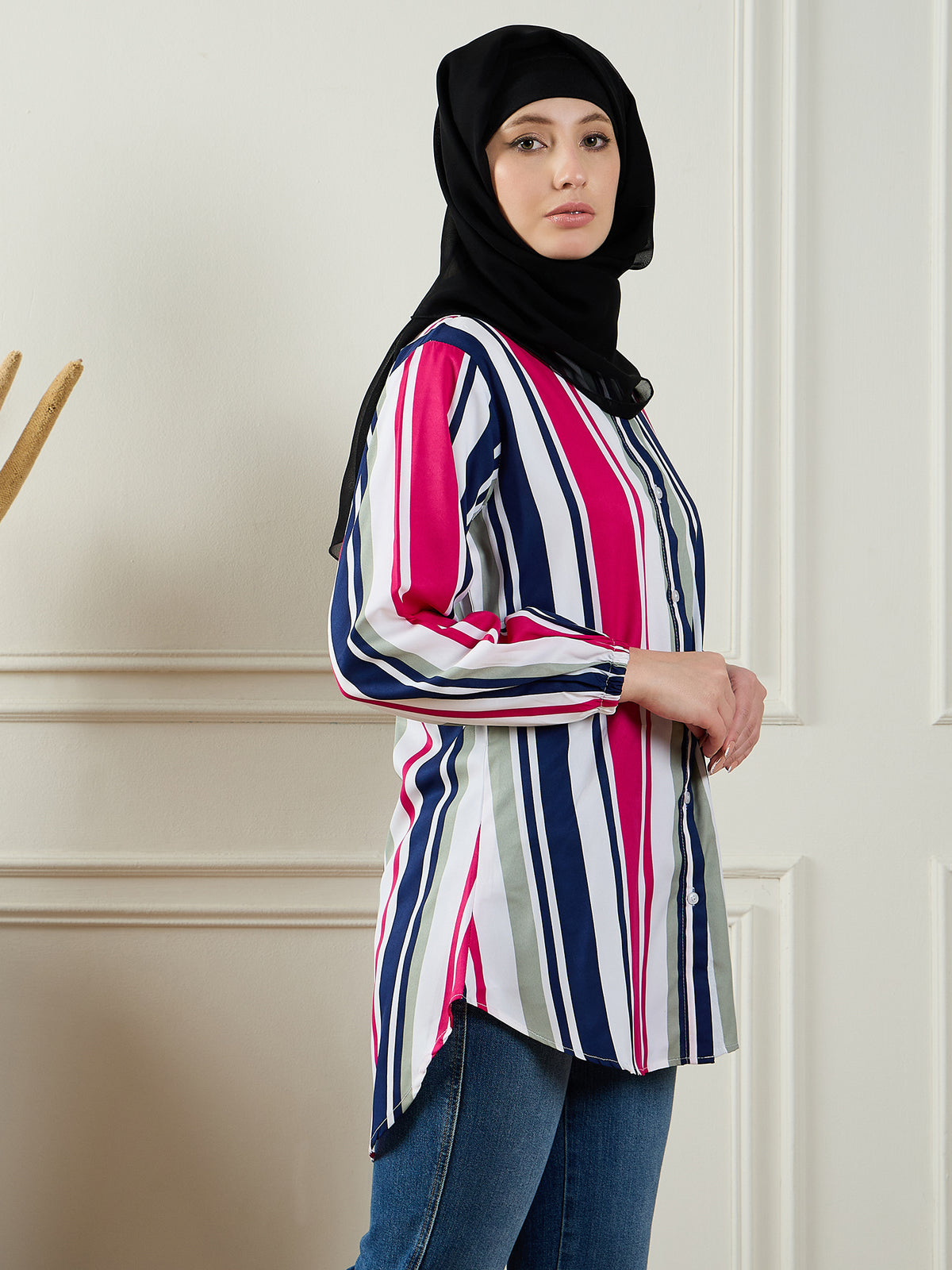 Nabia Front Open Striped Modest Shirt for Women