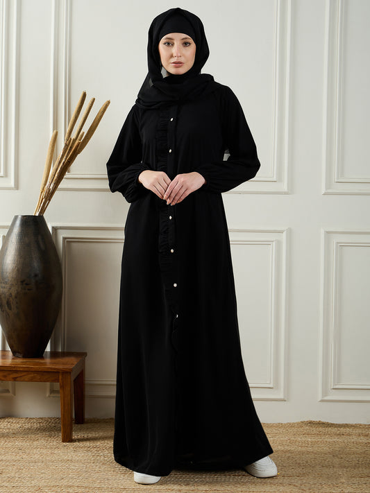 Nabia Black Solid Front Open Abaya with Black Georgette Hijab