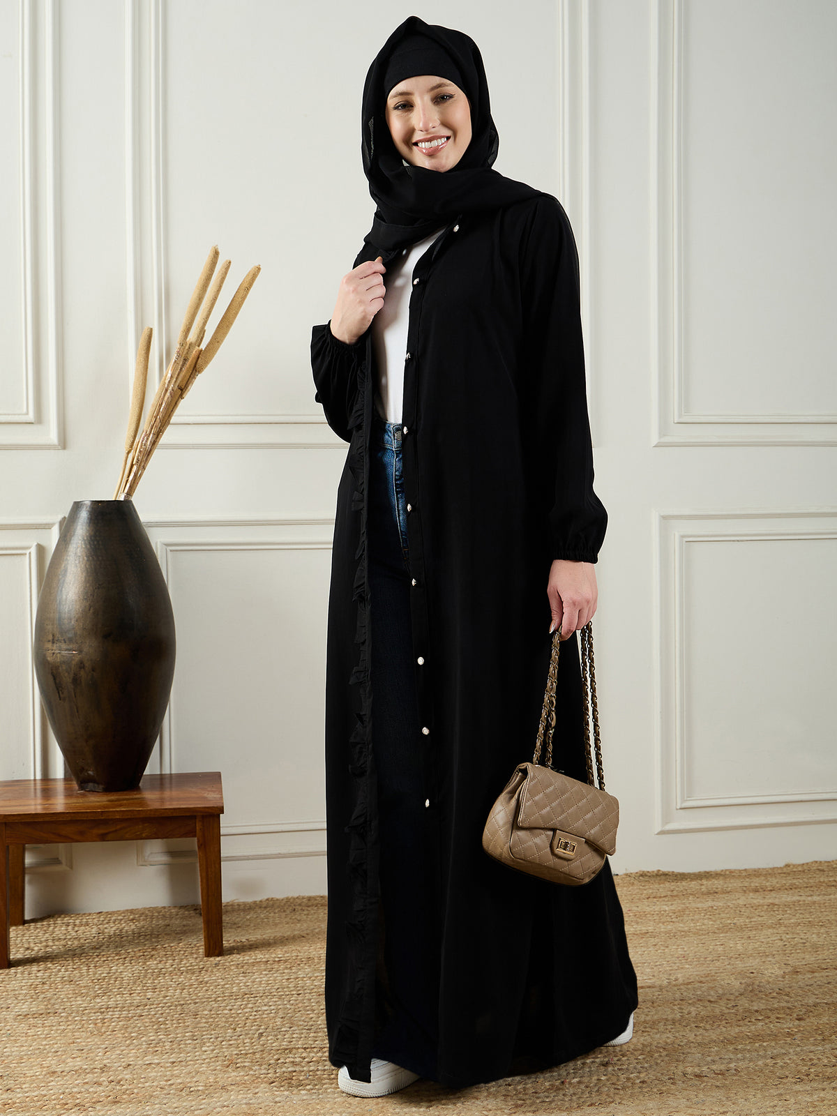 Nabia Black Solid Front Open Abaya with Black Georgette Hijab