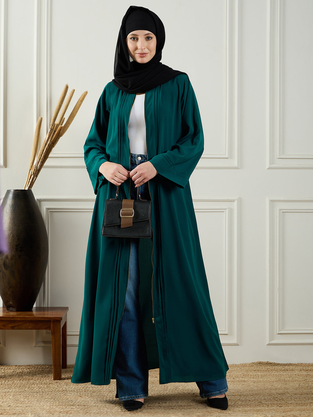 Nabia Front Open Green Zip-Closure Abaya with Black Georgette Hijab