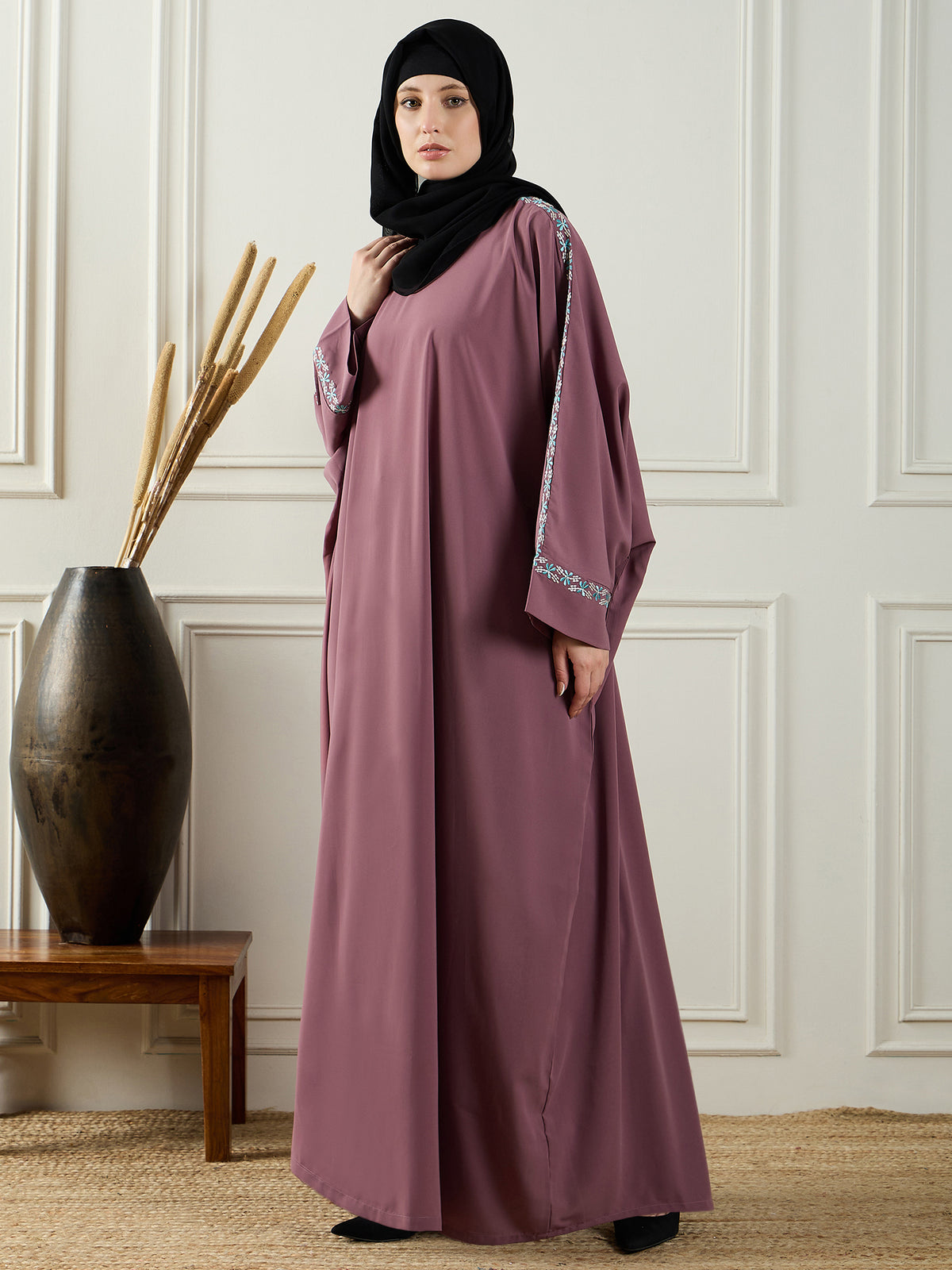 Nabia Embroidery Abaya with Black Georgette Hijab