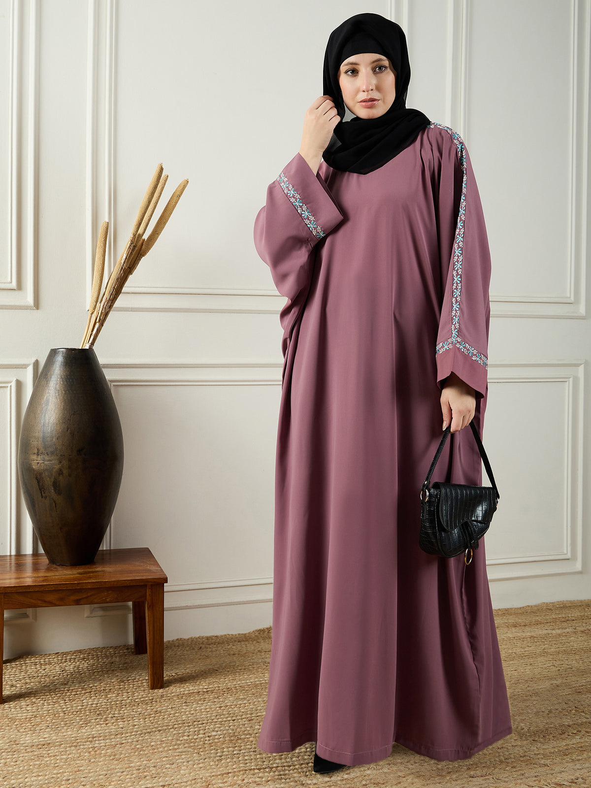 Nabia Embroidery Abaya with Black Georgette Hijab