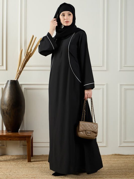 Nabia Black Solid A-line Abaya with Black Georgette Hijab