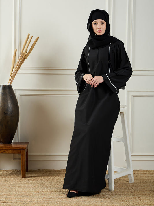 Nabia Black Solid A-line Abaya with Black Georgette Hijab