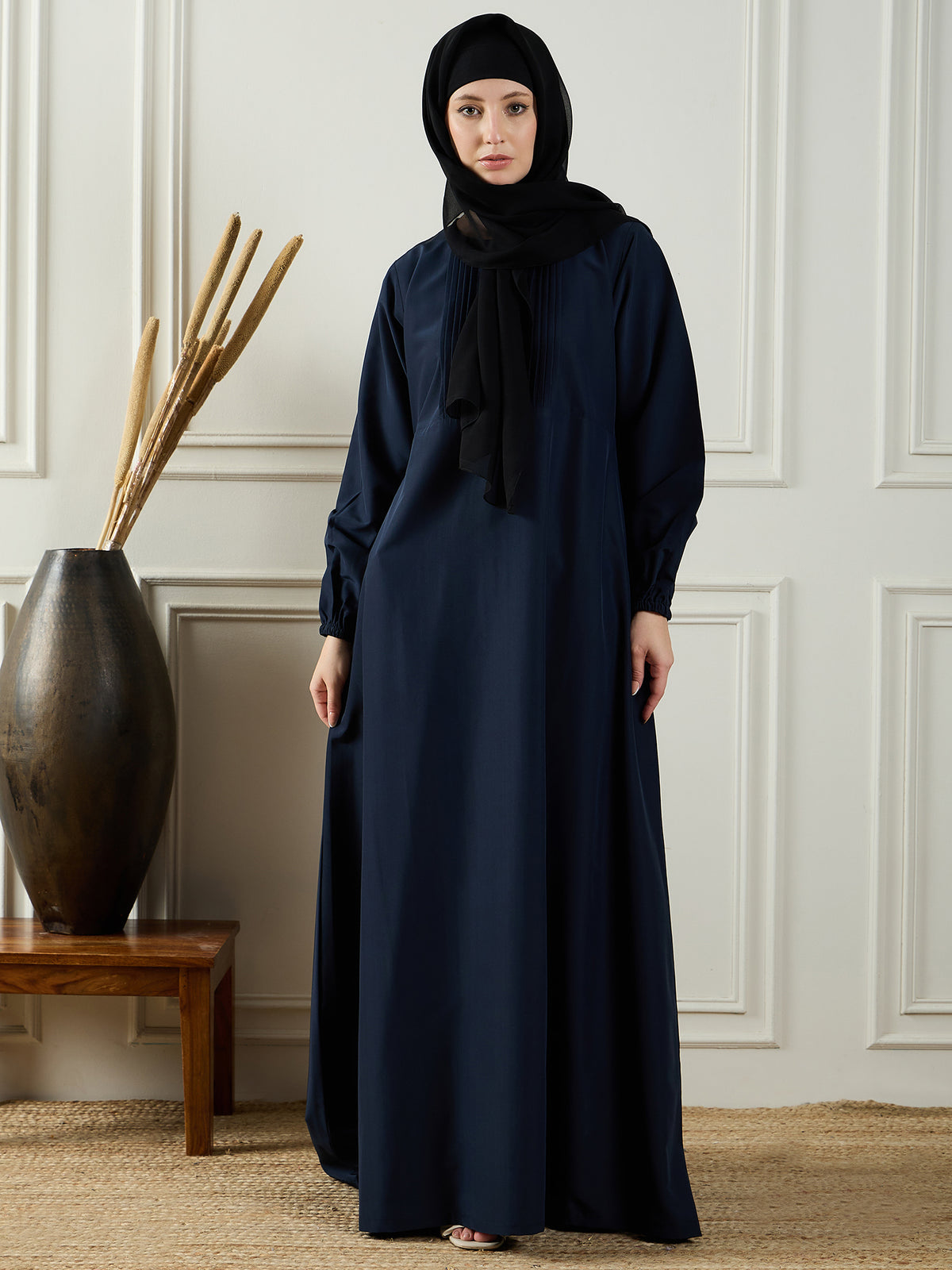 Nabia Blue Solid Abaya Dress with Black Georgette Hijab