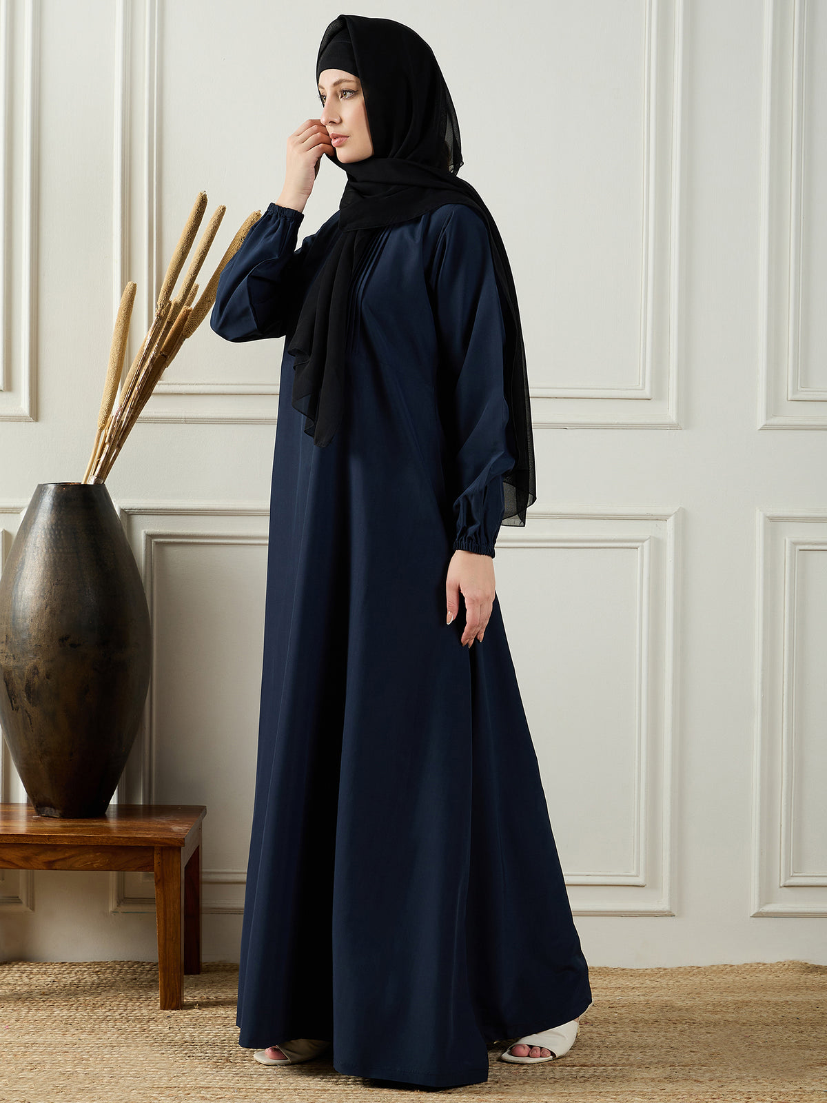 Nabia Blue Solid Abaya Dress with Black Georgette Hijab