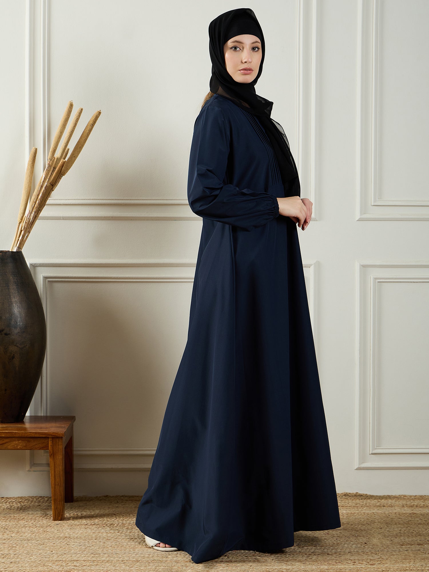 Nabia Blue Solid Abaya Dress with Black Georgette Hijab