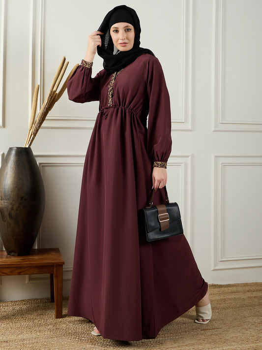 Nabia Embroidery Maroon Abaya with Black Georgette Hijab
