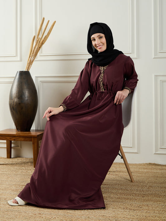Nabia Embroidery Maroon Abaya with Black Georgette Hijab