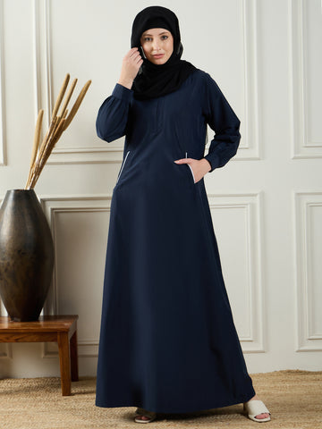 Nabia Women Blue Solid Aline Abaya Burqa With Black Georgette Hijab
