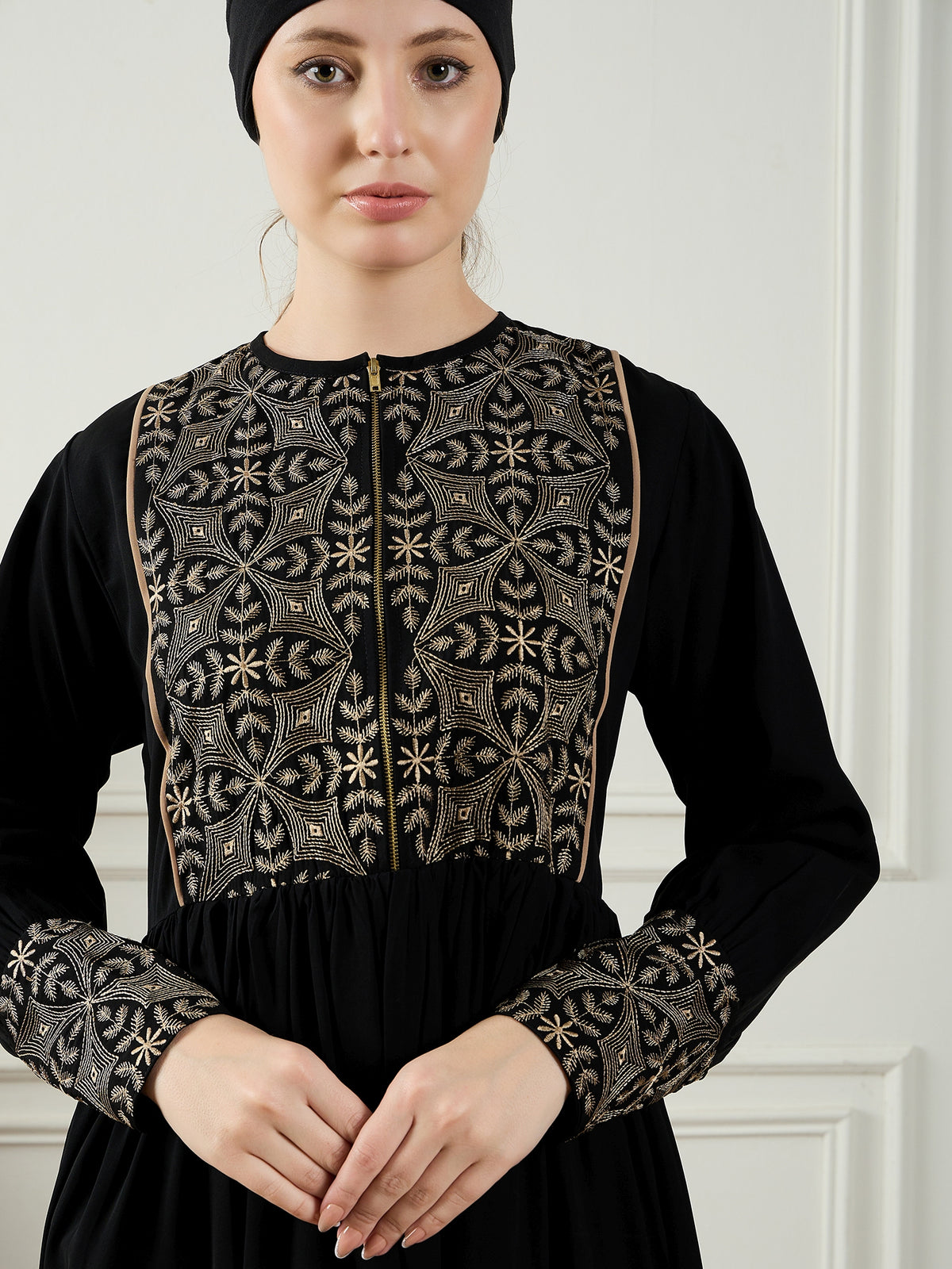 Embroidery Black Abaya for Women With Black Georgette Hijab