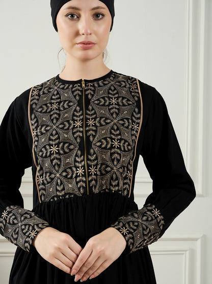 Embroidery Black Abaya for Women With Black Georgette Hijab