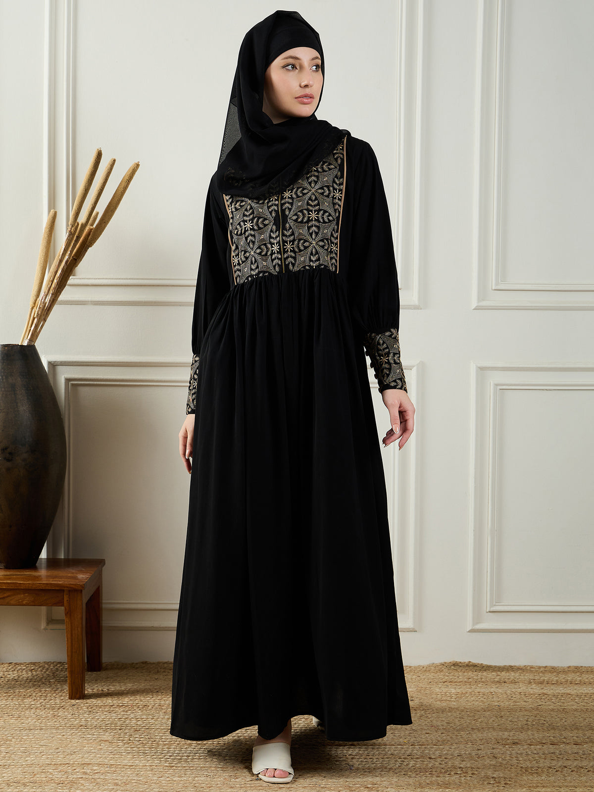 Embroidery Black Abaya for Women With Black Georgette Hijab