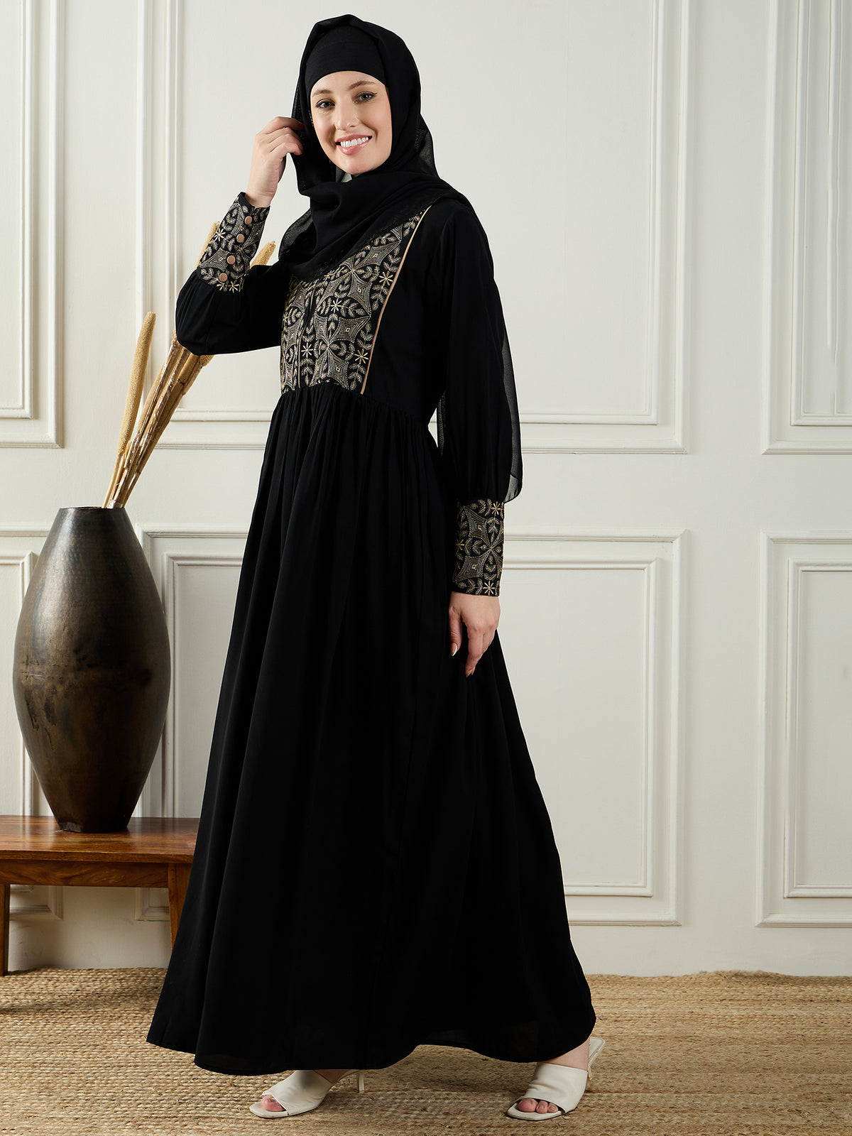 Embroidery Black Abaya for Women With Black Georgette Hijab