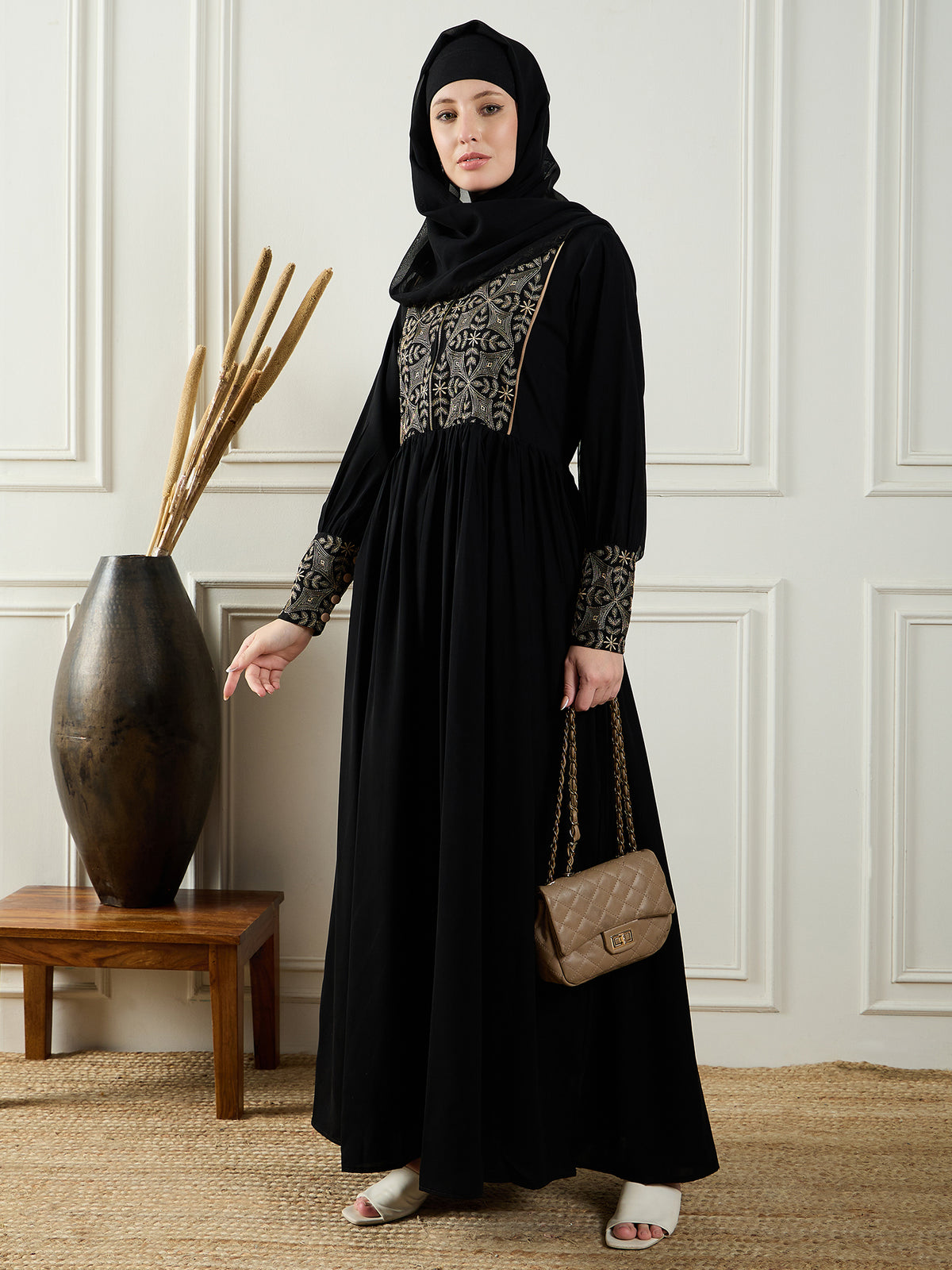 Embroidery Black Abaya for Women With Black Georgette Hijab