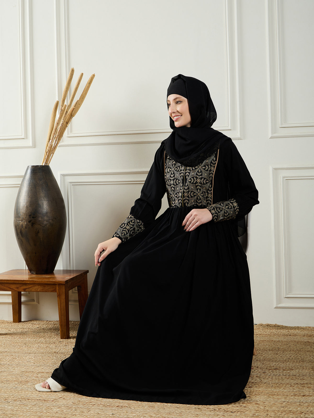 Embroidery Black Abaya for Women With Black Georgette Hijab