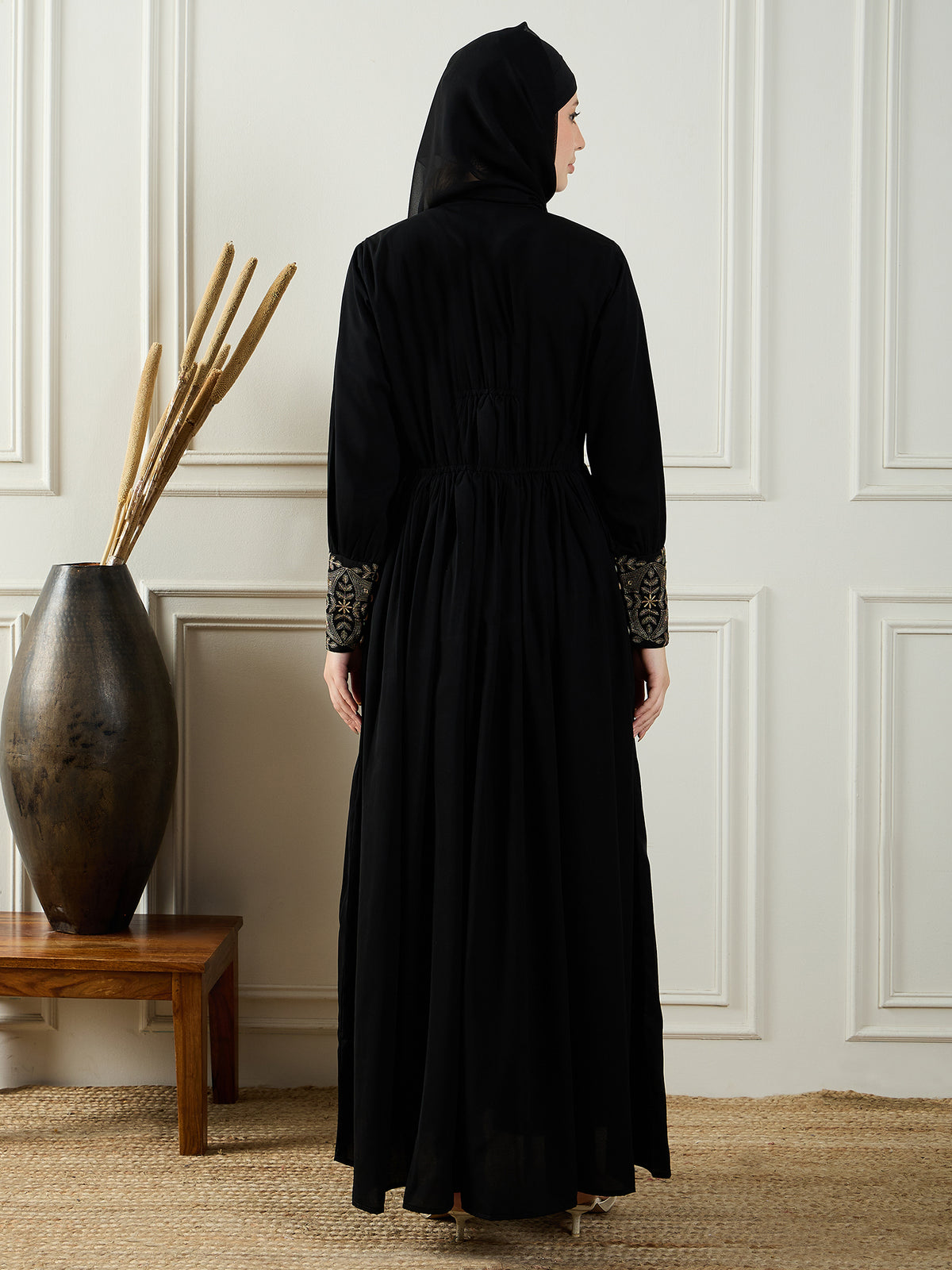Embroidery Black Abaya for Women With Black Georgette Hijab