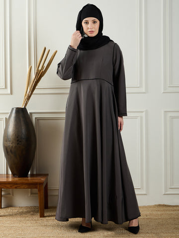 Nabia Grey Solid Abaya Burqa For Women With Georgette Hijab