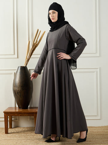 Nabia Grey Solid Abaya Burqa For Women With Georgette Hijab