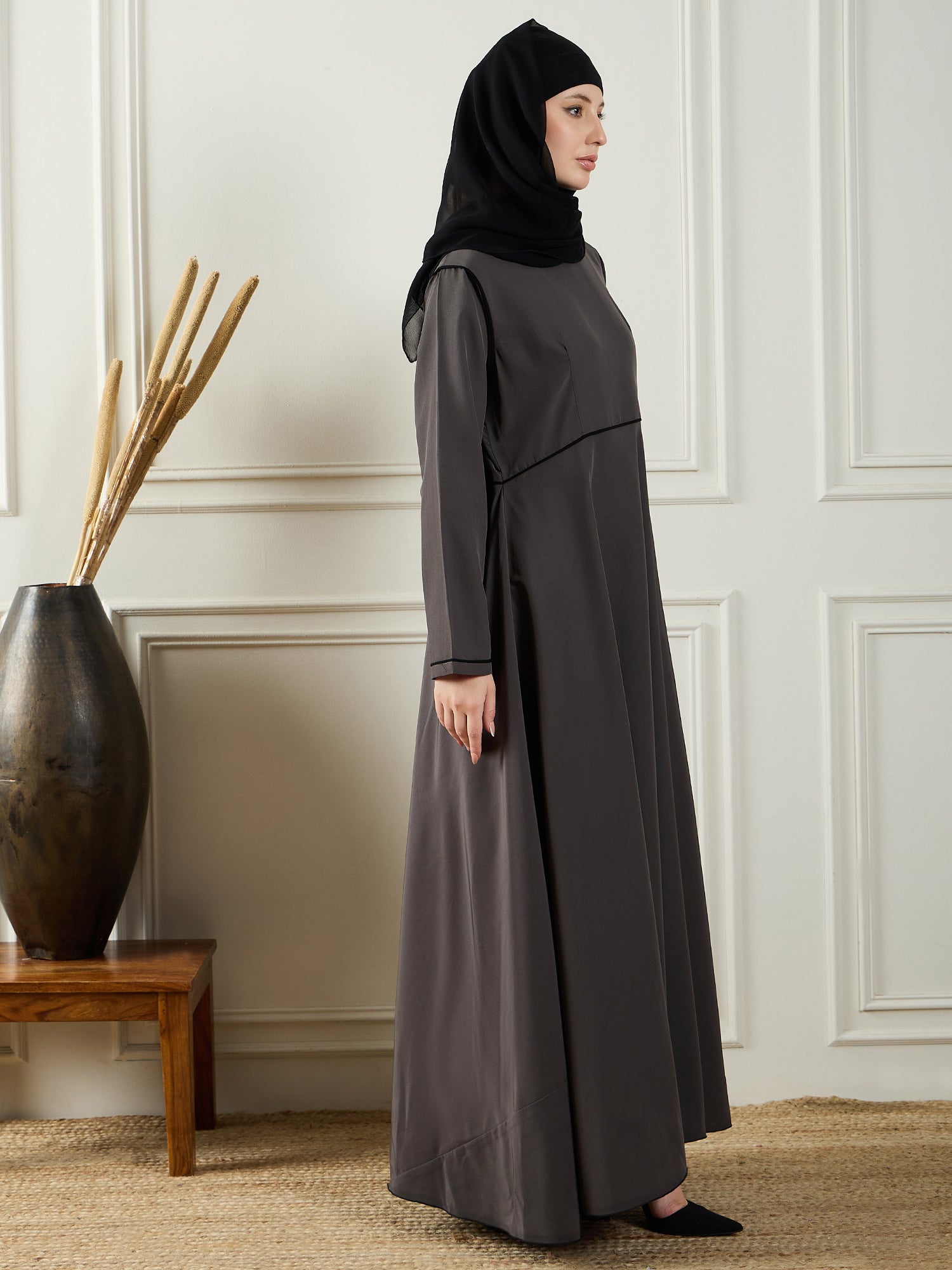Nabia Grey Solid Abaya Burqa For Women With Georgette Hijab