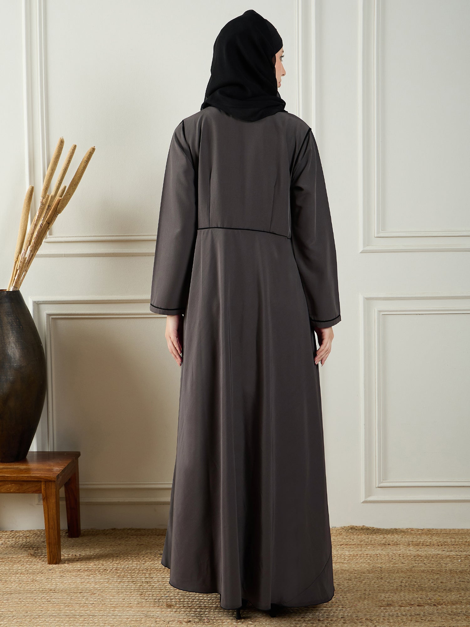 Nabia Grey Solid Abaya Burqa For Women With Georgette Hijab