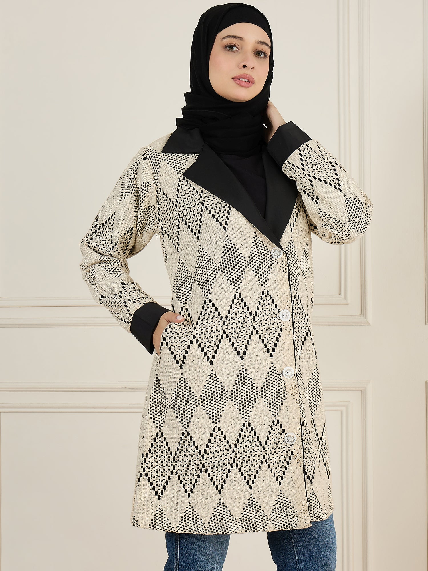 Nabia Front Open Cotton Knitted Black Jacket For Women