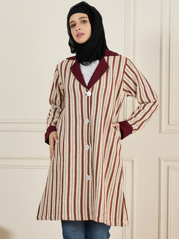 Nabia Front Open Cotton Knitted Maroon Jacket For Women