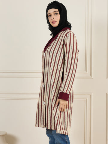 Nabia Front Open Cotton Knitted Maroon Jacket For Women