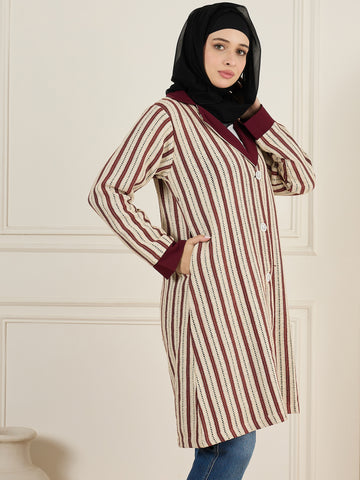 Nabia Front Open Cotton Knitted Maroon Jacket For Women