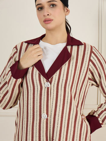 Nabia Front Open Cotton Knitted Maroon Jacket For Women