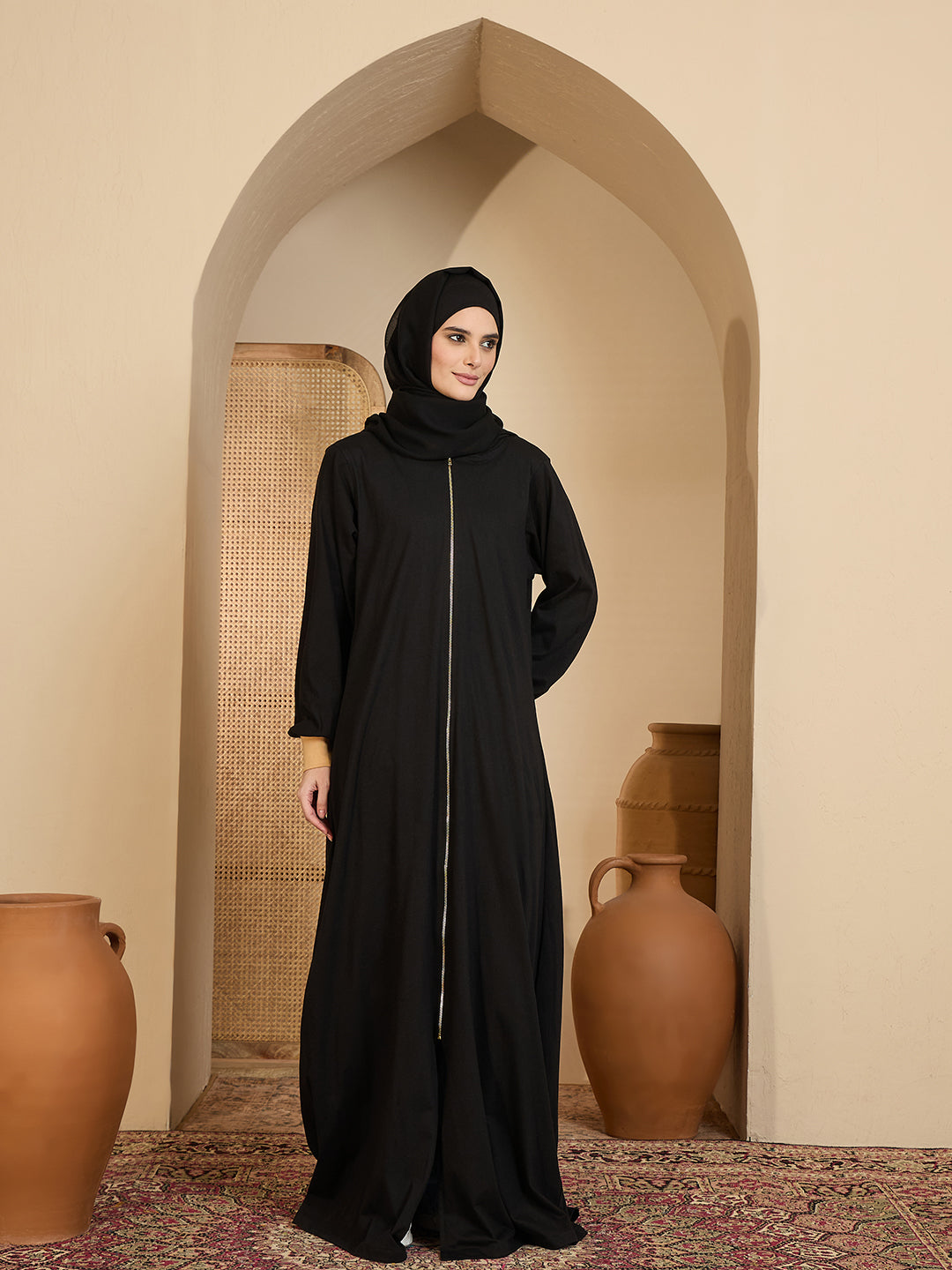Modest Front Open Black Hoodie Jersey Abaya