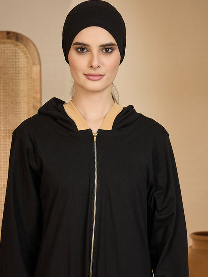Modest Front Open Black Hoodie Jersey Abaya