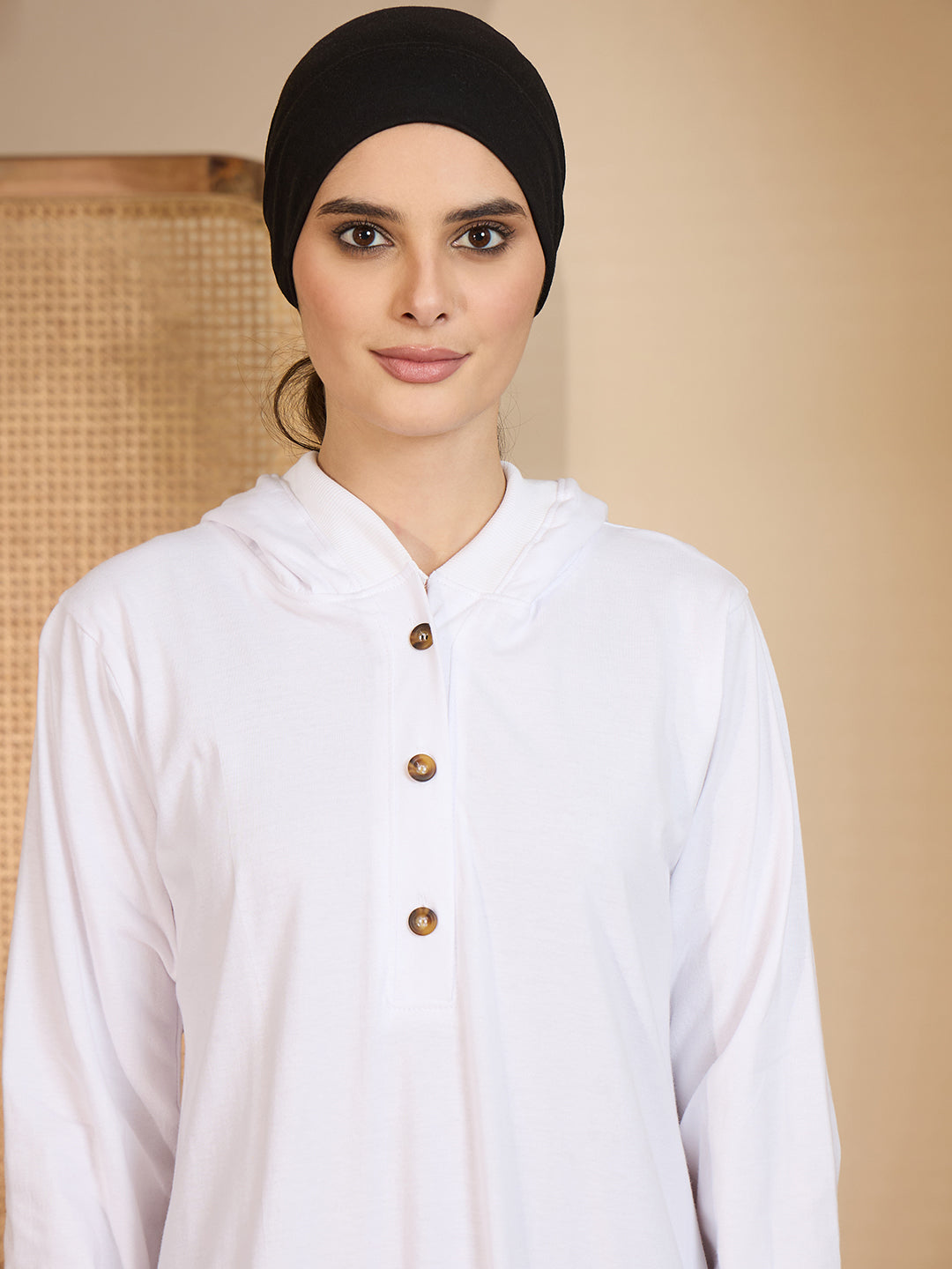 Modest White Jersey Abaya with attached Matching Hood