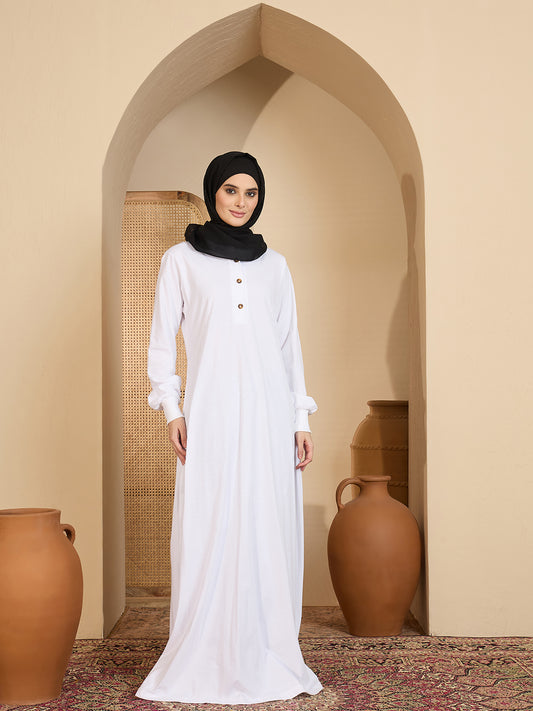 Modest White Jersey Abaya with attached Matching Hood