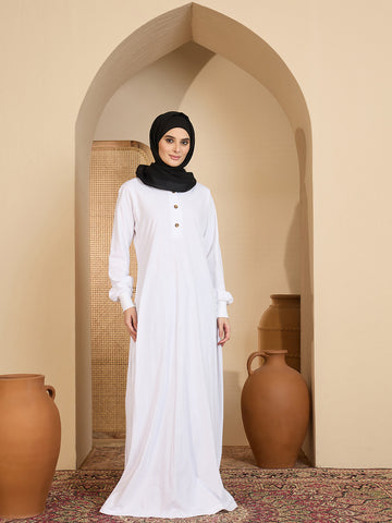 Modest White Jersey Abaya with attached Matching Hood