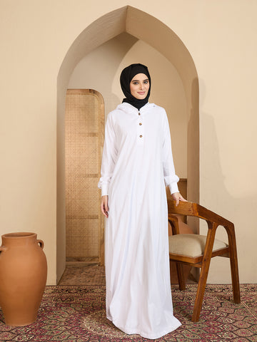 Modest White Jersey Abaya with attached Matching Hood