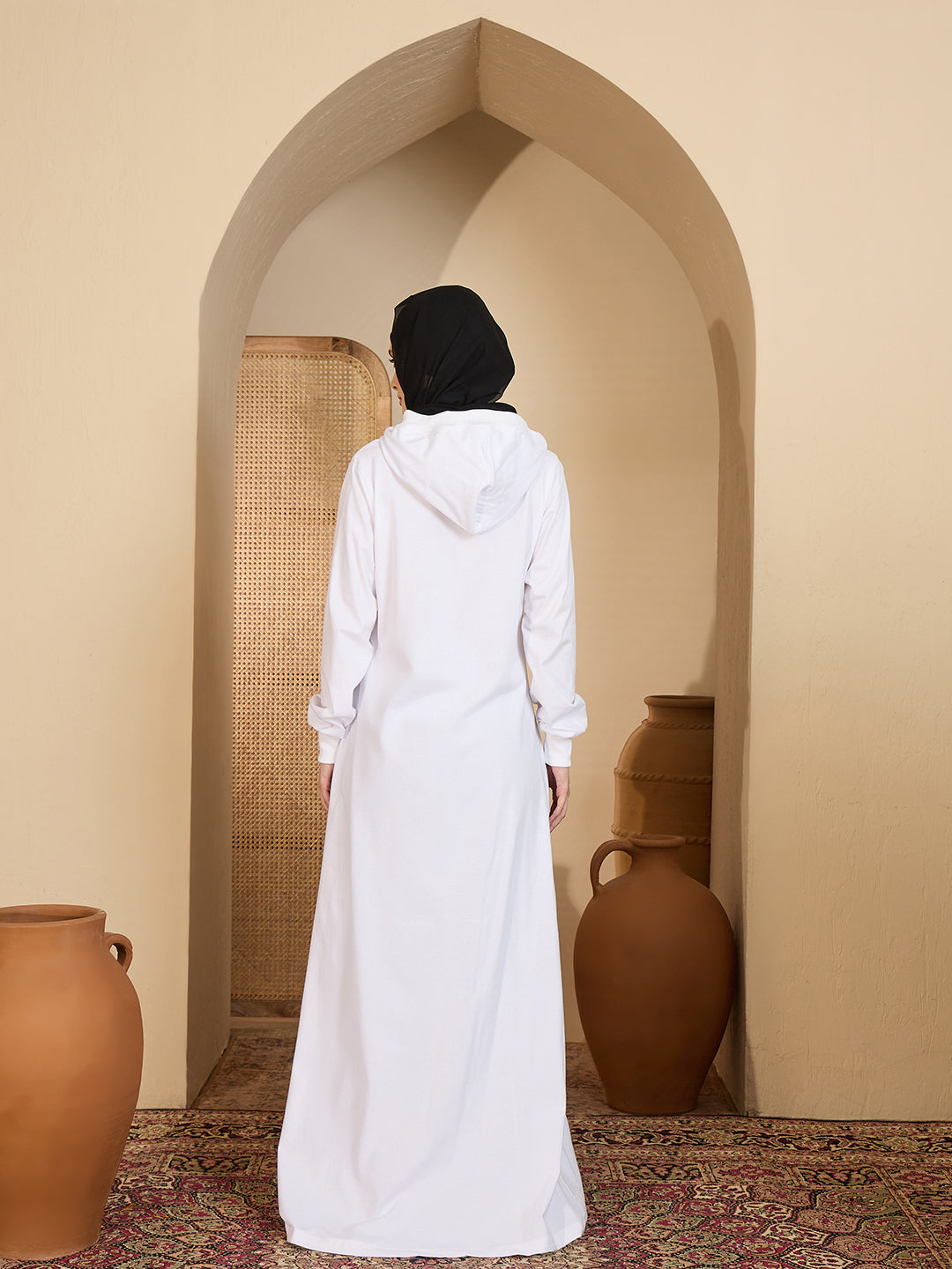 Modest White Jersey Abaya with attached Matching Hood