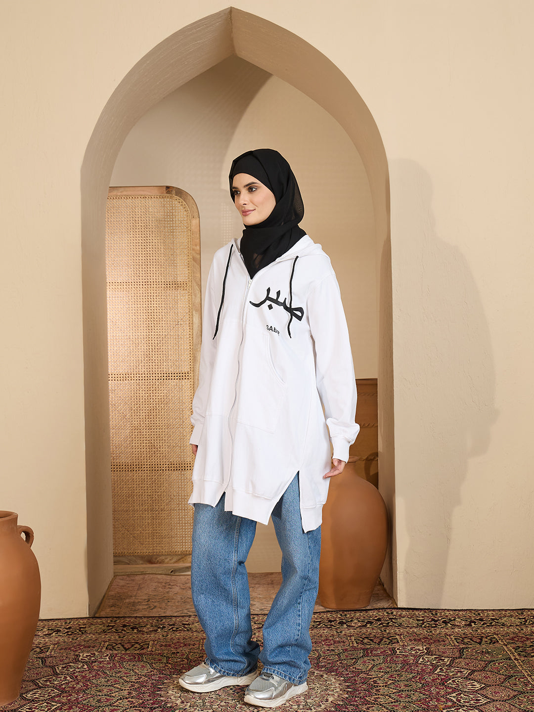 Sabr Modest White Fleece Winter Hoodie for Women
