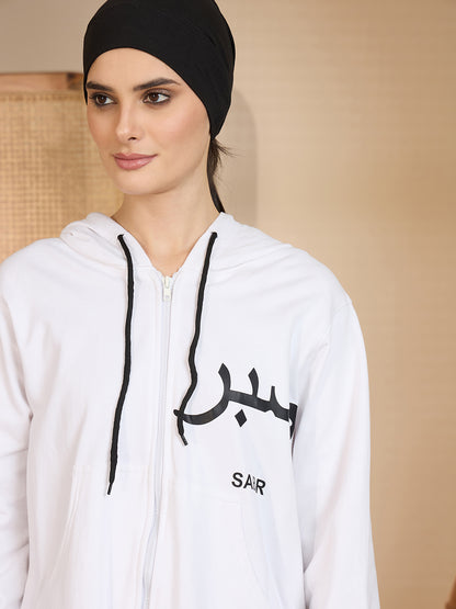 Sabr Modest White Fleece Winter Hoodie for Women