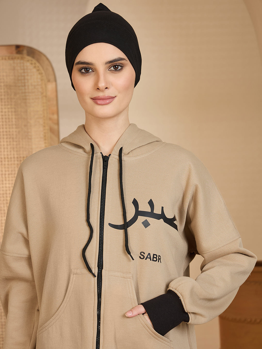 Sabr Modest Beige Fleece Winter Hoodie for Women