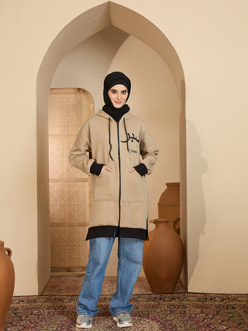 Sabr Modest Beige Fleece Winter Hoodie for Women