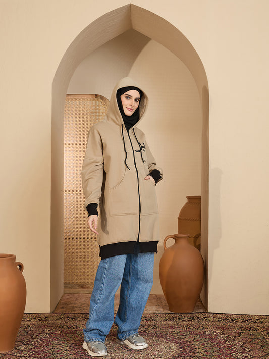 Sabr Modest Beige Fleece Winter Hoodie for Women
