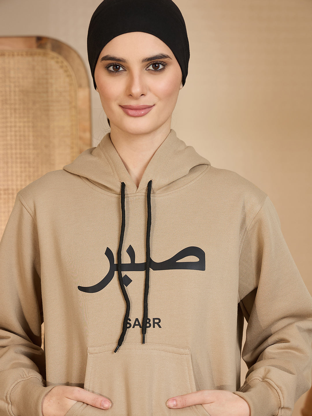 Modest Sabr Beige Fleece Winter Hoodie for Women
