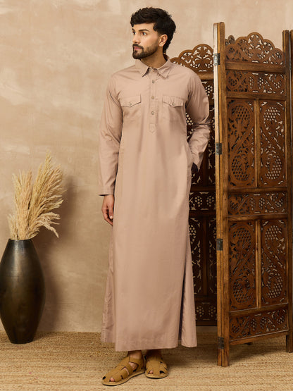 Men’s Beige Thobe with Shirt Collar and Flap Chest Pockets