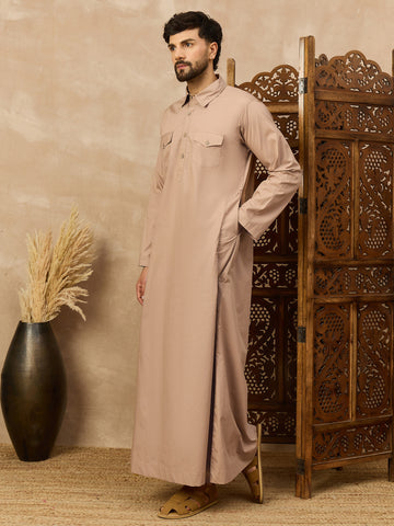 Men’s Beige Thobe with Shirt Collar and Flap Chest Pockets