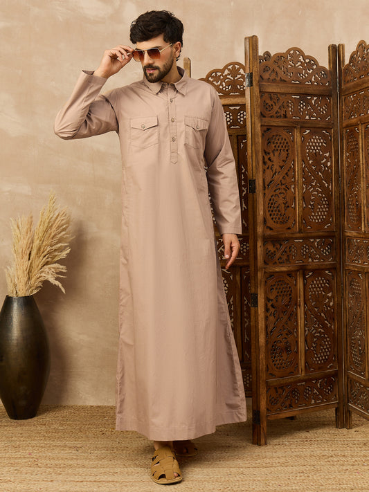 Men’s Beige Thobe with Shirt Collar and Flap Chest Pockets