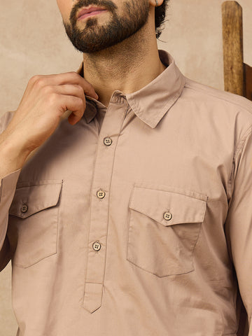 Men’s Beige Thobe with Shirt Collar and Flap Chest Pockets