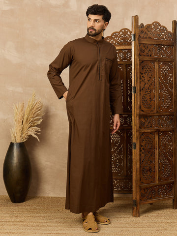 Men’s Brown Thobe with Mandarin Collar and Chest Pocket