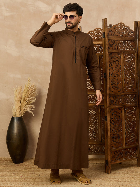 Men’s Brown Thobe with Mandarin Collar and Chest Pocket