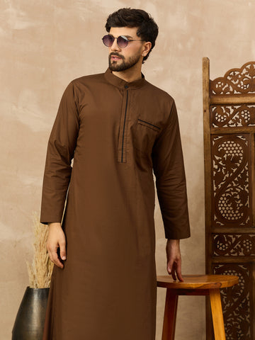 Men’s Brown Thobe with Mandarin Collar and Chest Pocket
